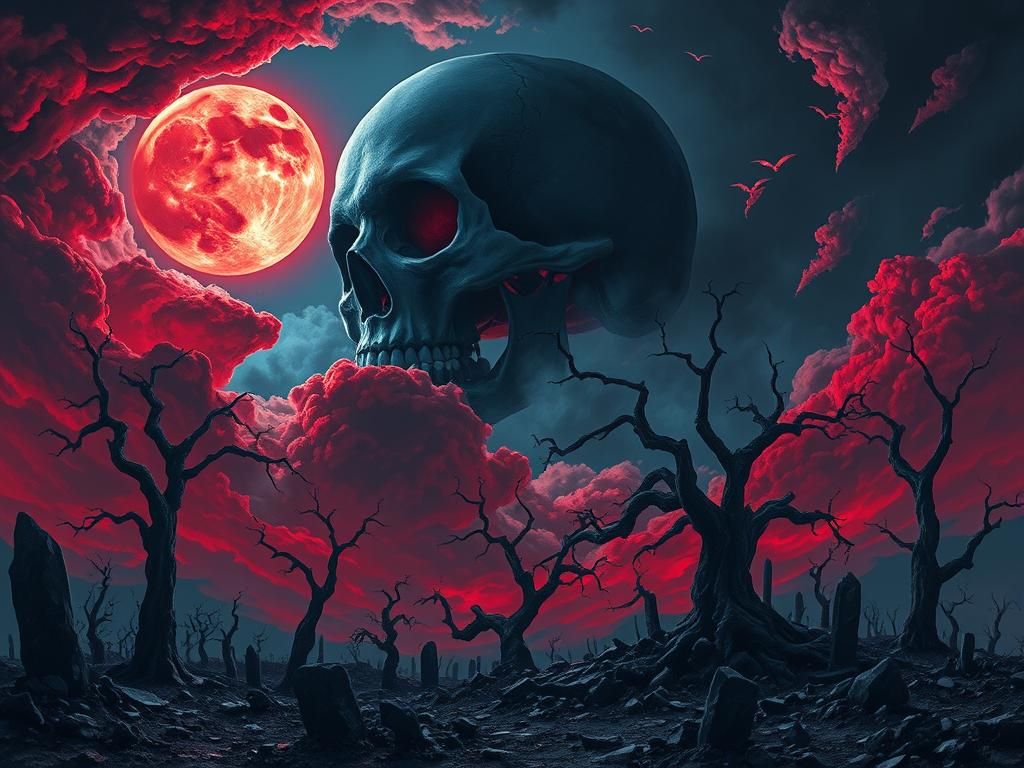 Colossal Skull Under Blood-Red Moon in Dark Fantasy