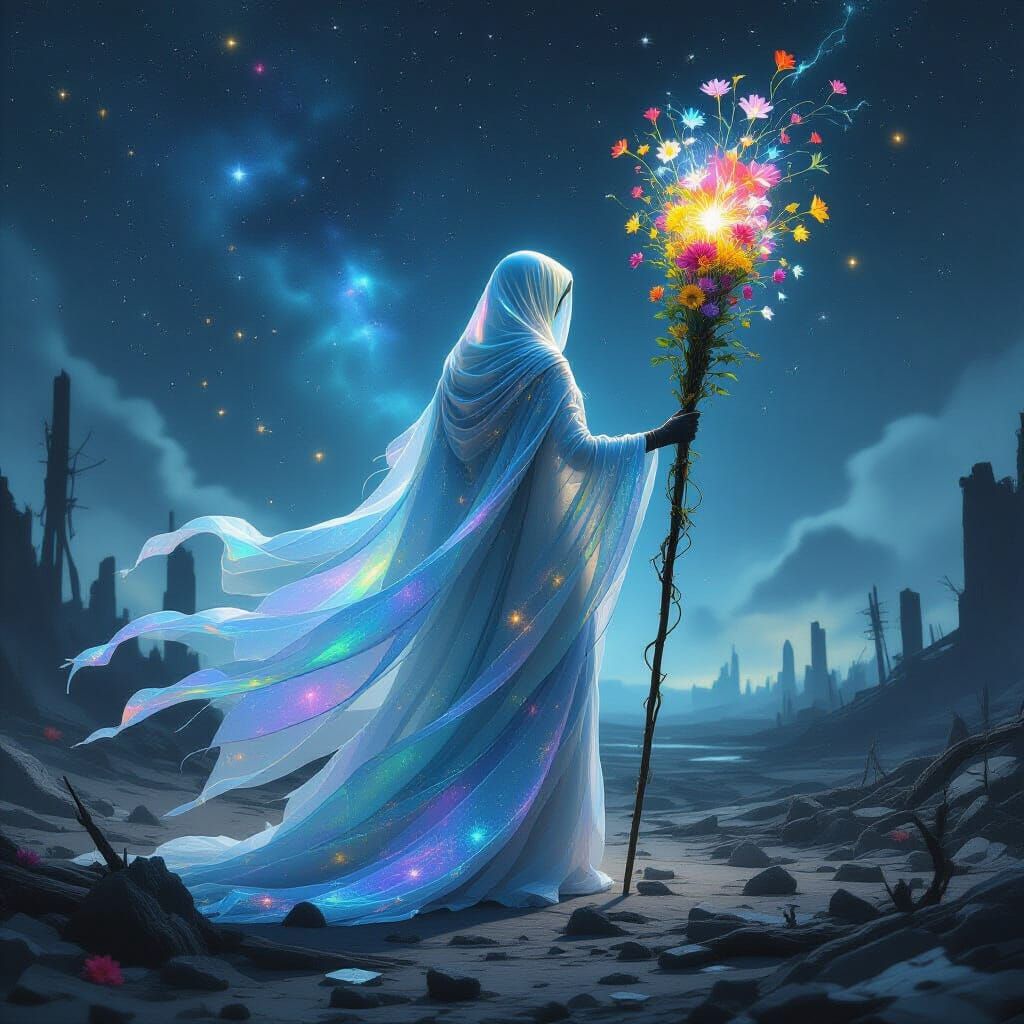 Ethereal Being in Cosmic Dust Drifts Through Starry Void and...