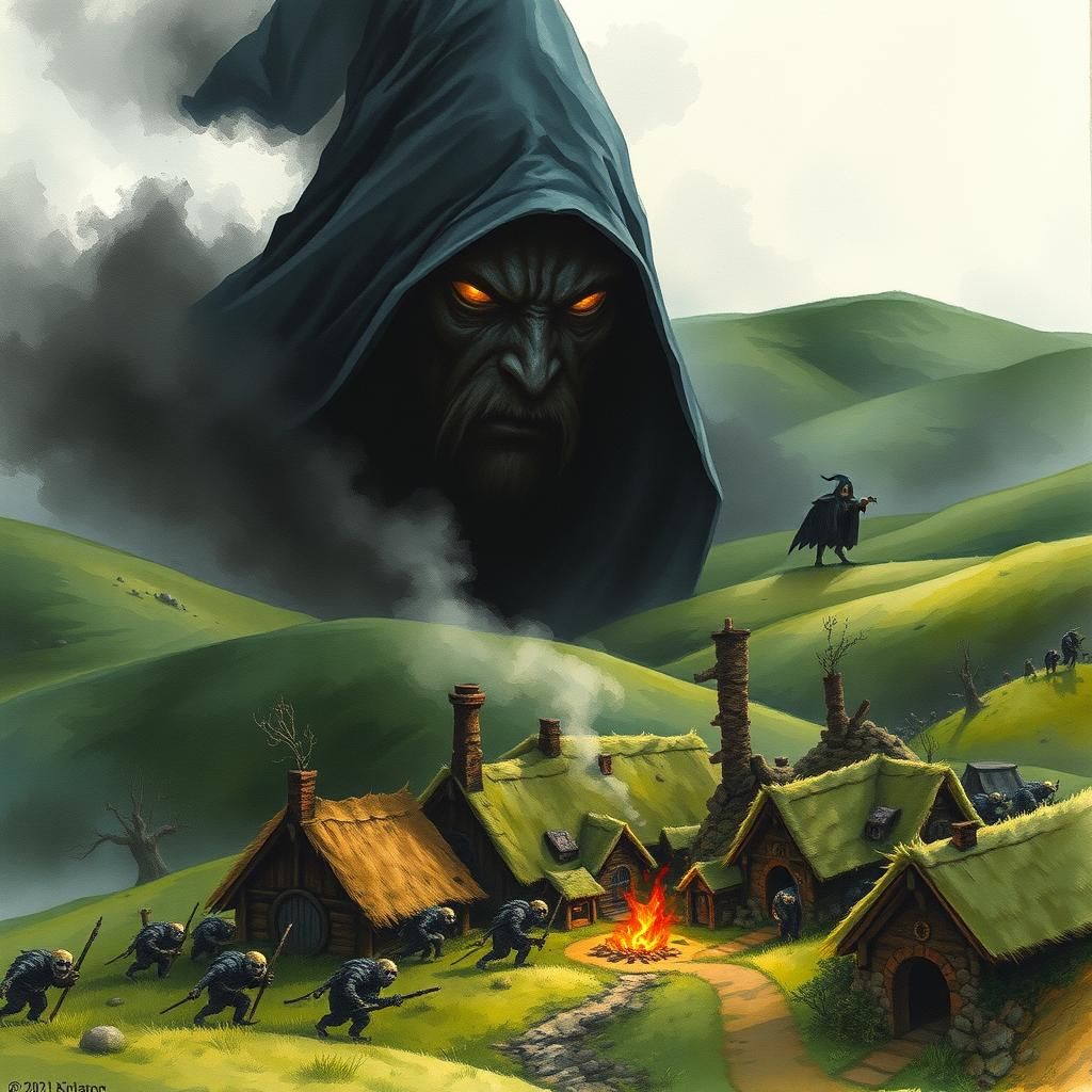 Sauron Invades The Shire: Watercolor Fantasy Scene