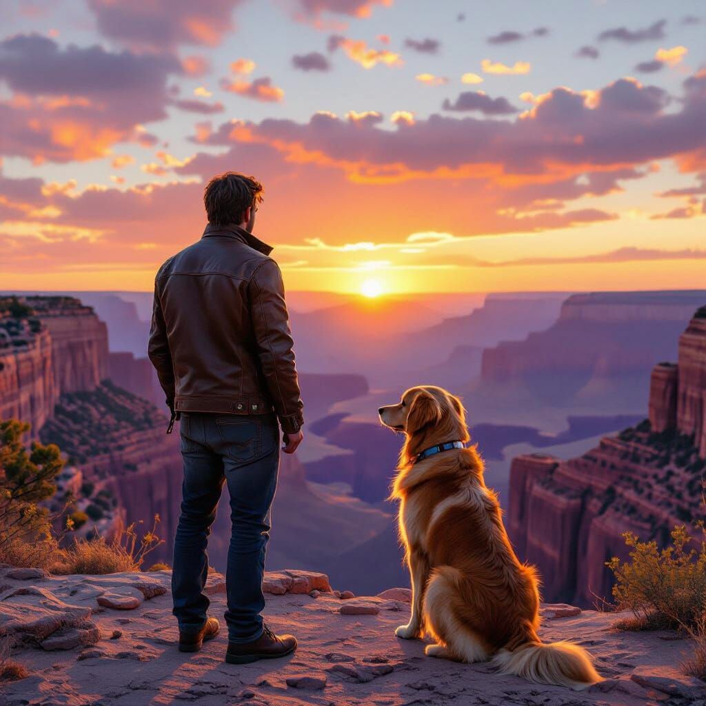 Grand Canyon Sunset with Man and Dog, Cinematic Landscape