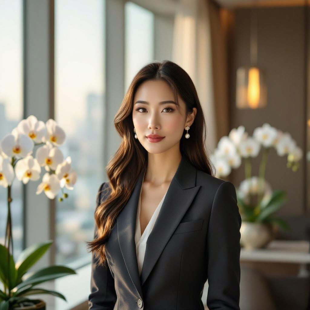 Confident Chinese Businesswoman in Luxurious Office at Sunri...