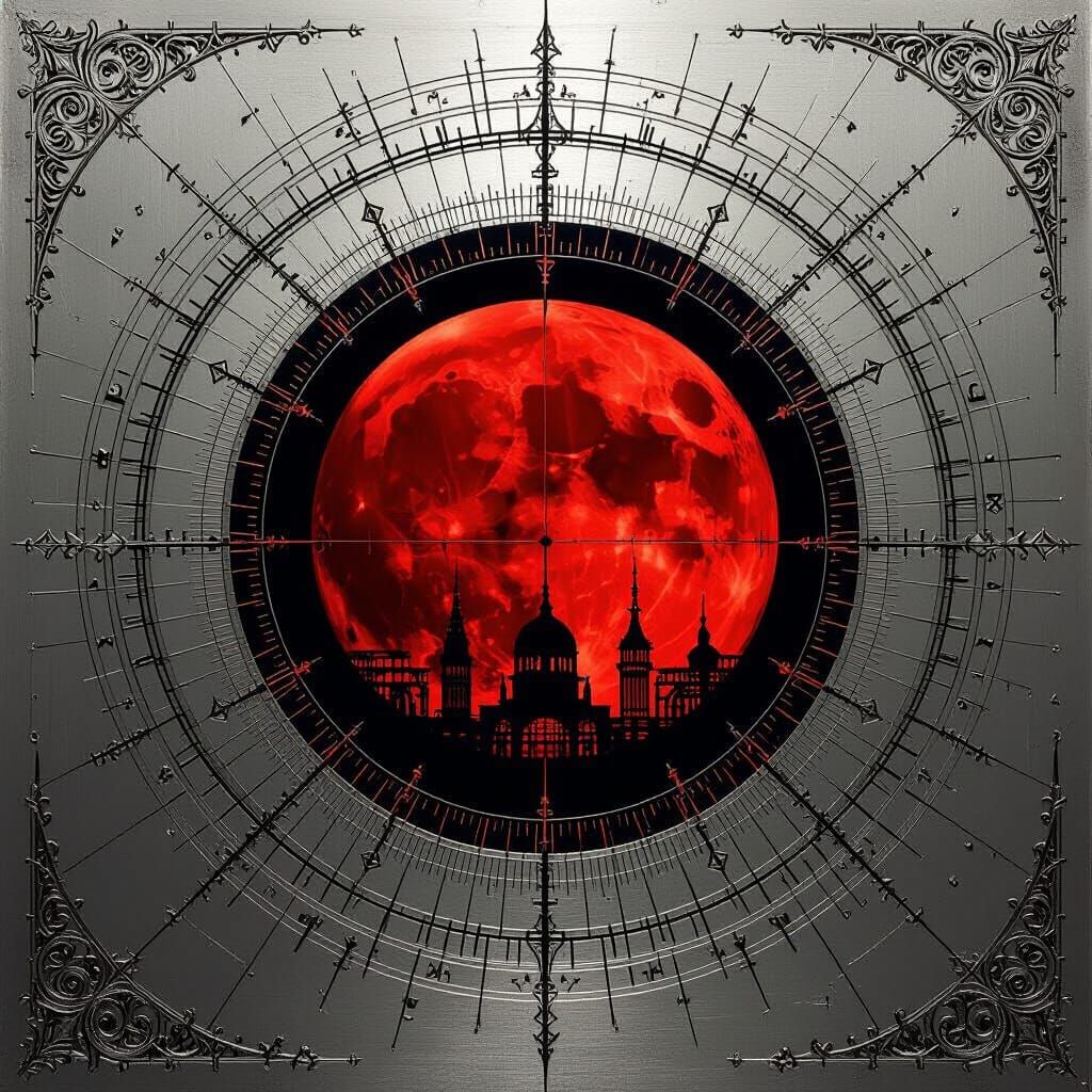 Gothic Engraving Emblem with Eclipsed Moon and Architectural...