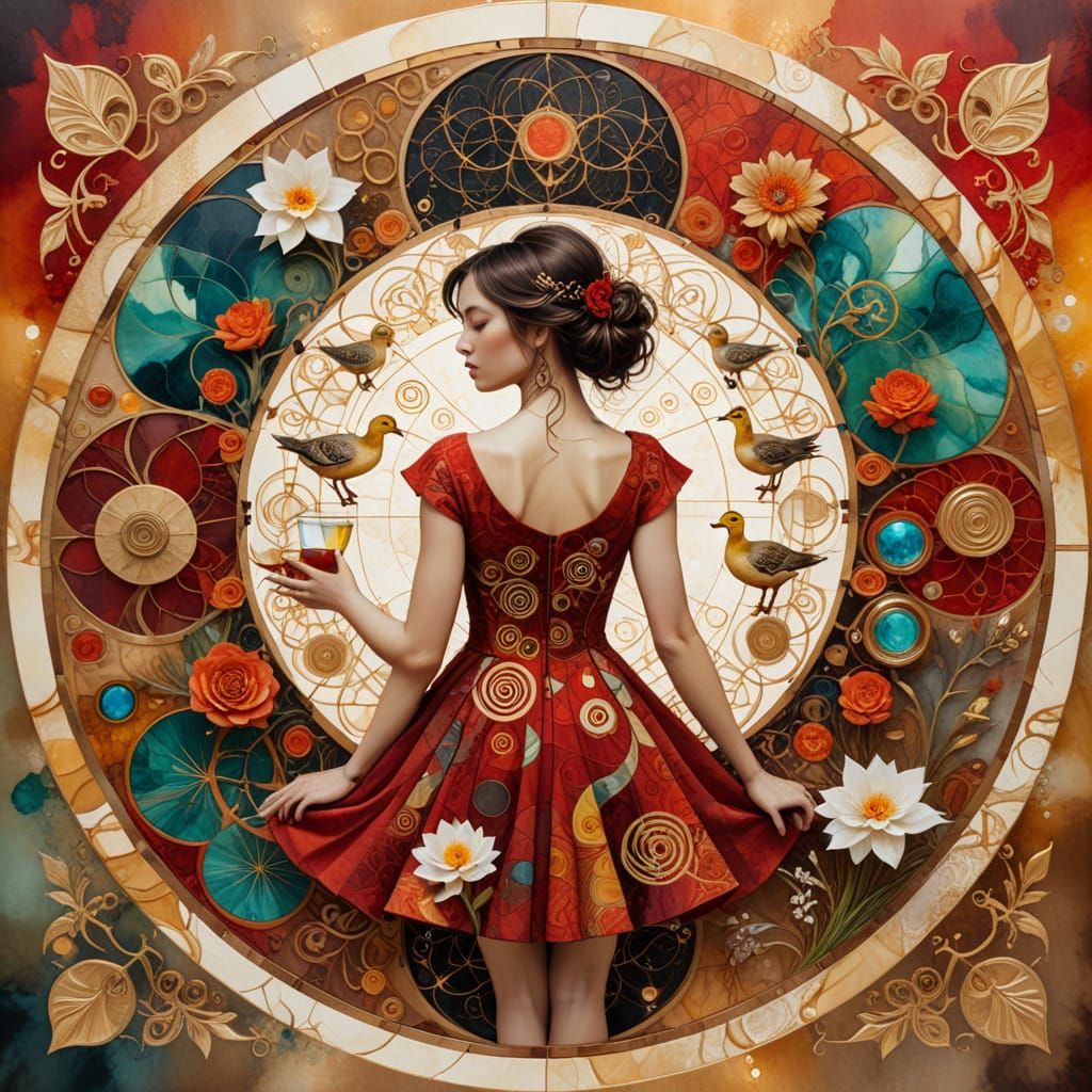 Kaleidoscope Art with Girl and Duckling in Surrealist Style