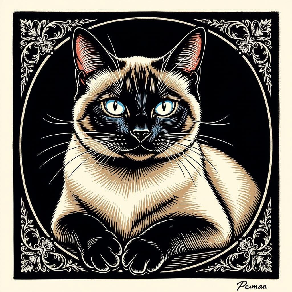 Detailed Linocut of Regal Siamese Cat