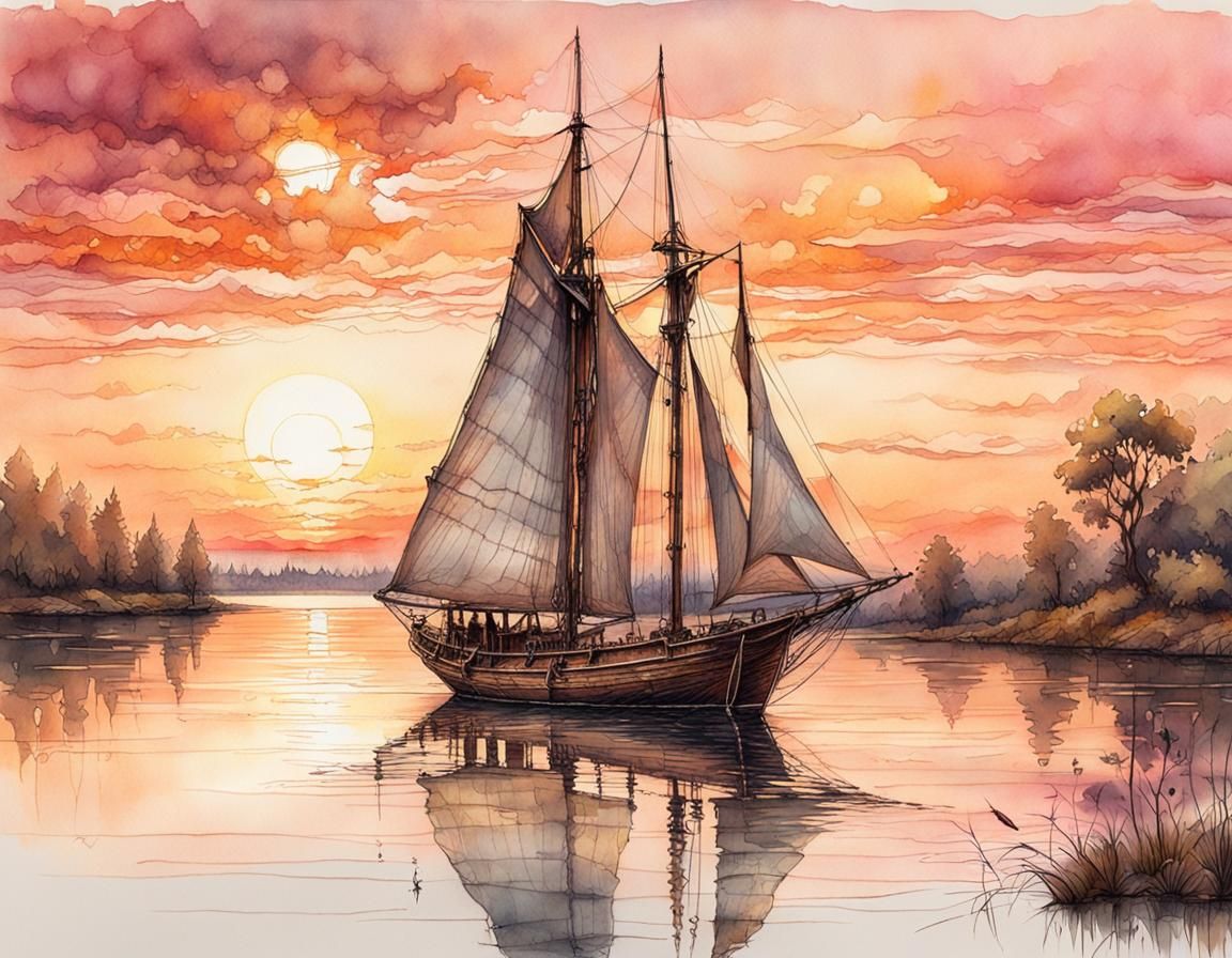 Schooner on Lake at Sunset in Pen & Ink Style
