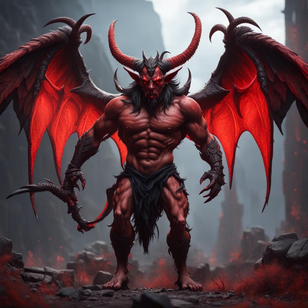 Detailed Red Devil with Horns and Wings
