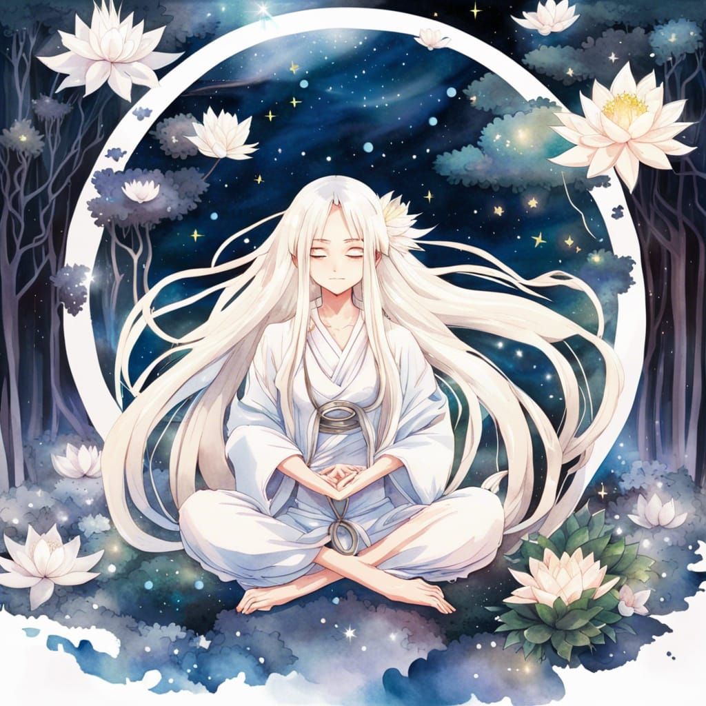 Anime Woman Meditating in Lotus Flower Forest