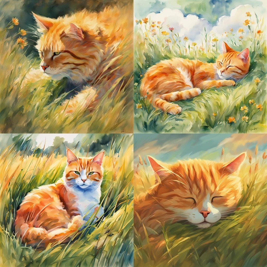 Warm Sunset Landscape with an Orange Cat