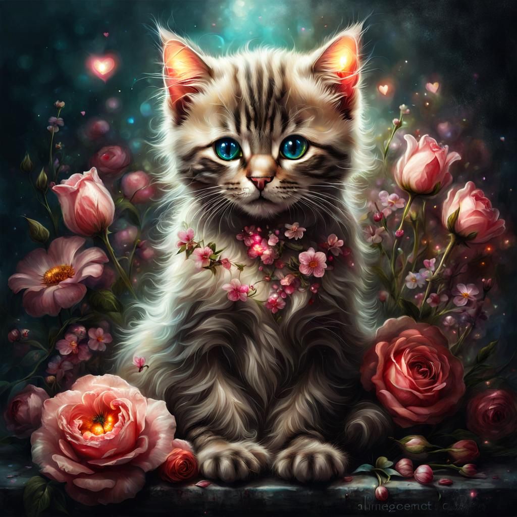 Cute Cat Surrounded by Flowers and Heart Lights