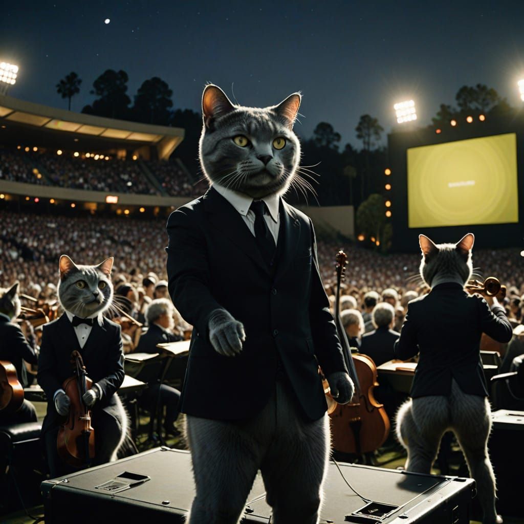 Elegant Chartreux Cat Orchestra Performs on Stage at Pasaden...