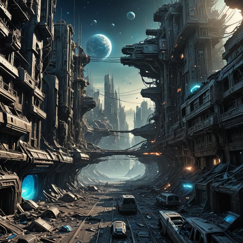 Dying City Drifts in Space, Gritty Digital Art