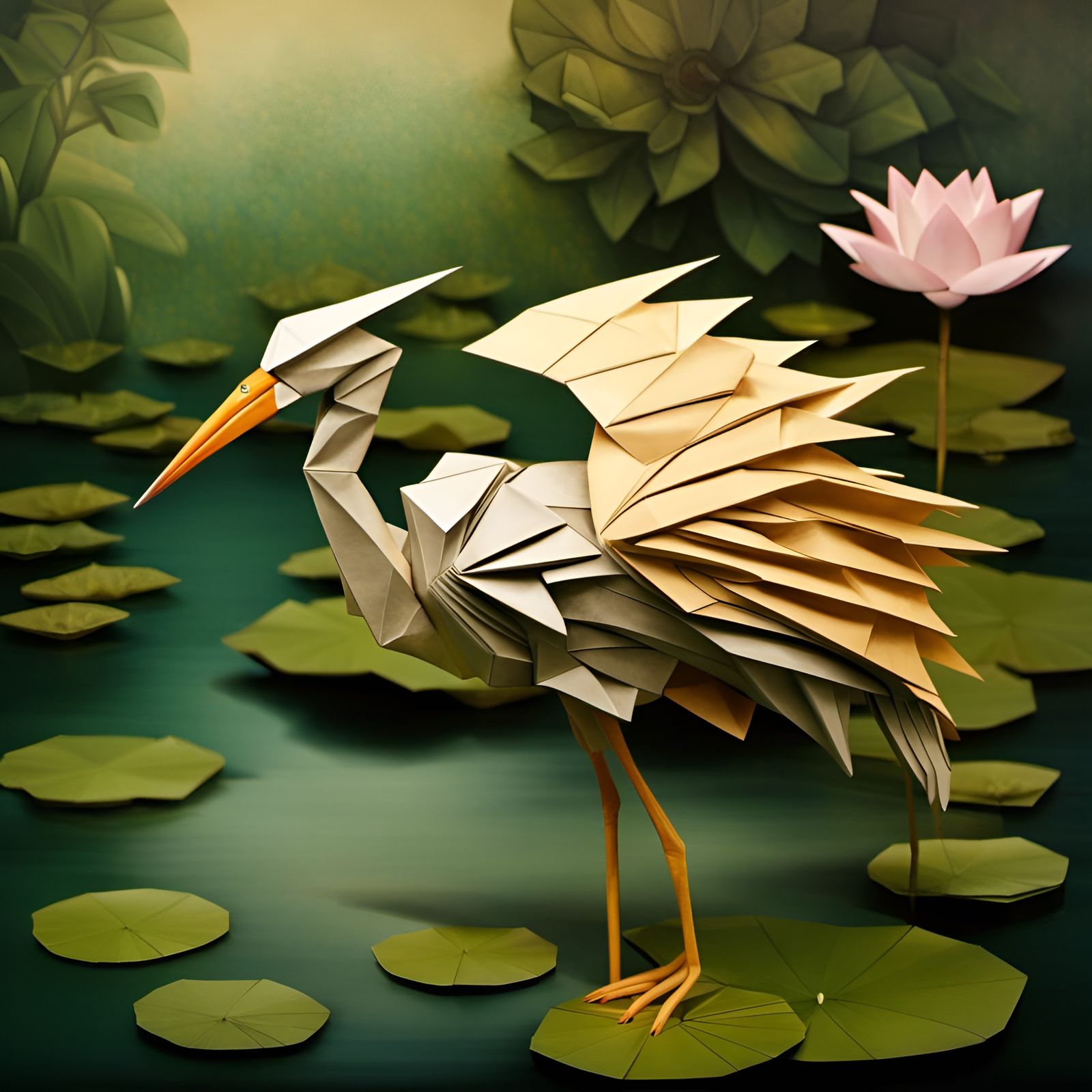 Origami Heron in Lotus Pond: Papercraft Masterpiece