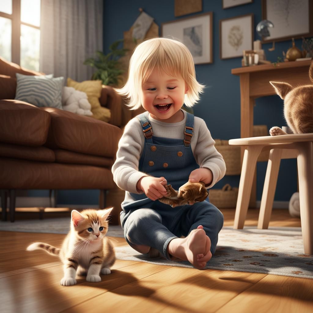 Toddler and Kitten Playtime: Fantasy Concept Art