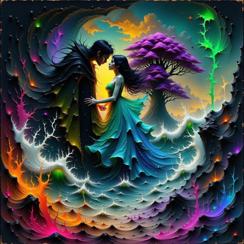 Couple Embraced by Elemental Forces in Dreamlike Landscape