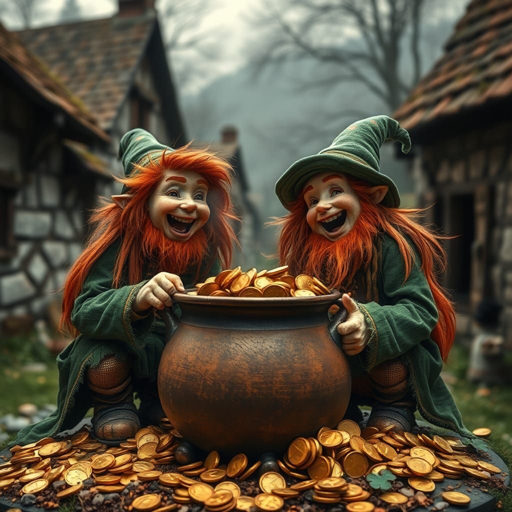 Leprechauns Laughing with Kettle of Gold Coins