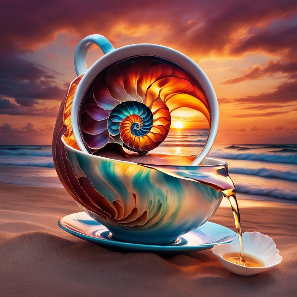 Sunset Pouring from Nautilus Shell: Digital Watercolor Art