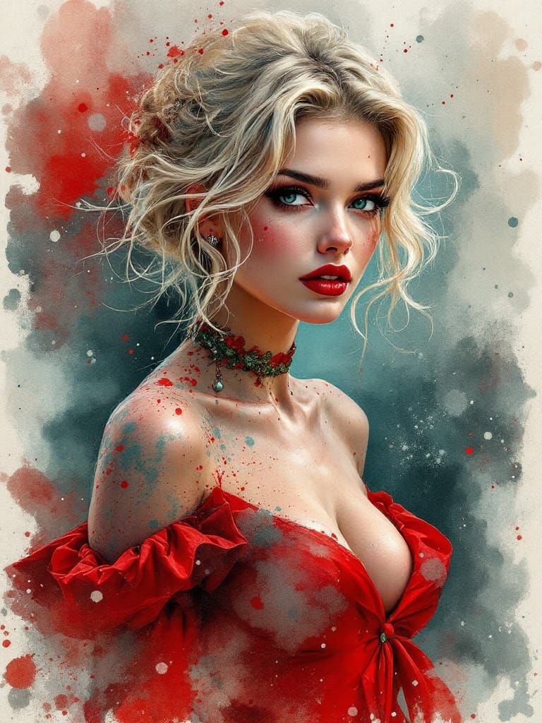 1950s Pin-Up Woman in Festive Dress, Surreal Watercolor Styl...