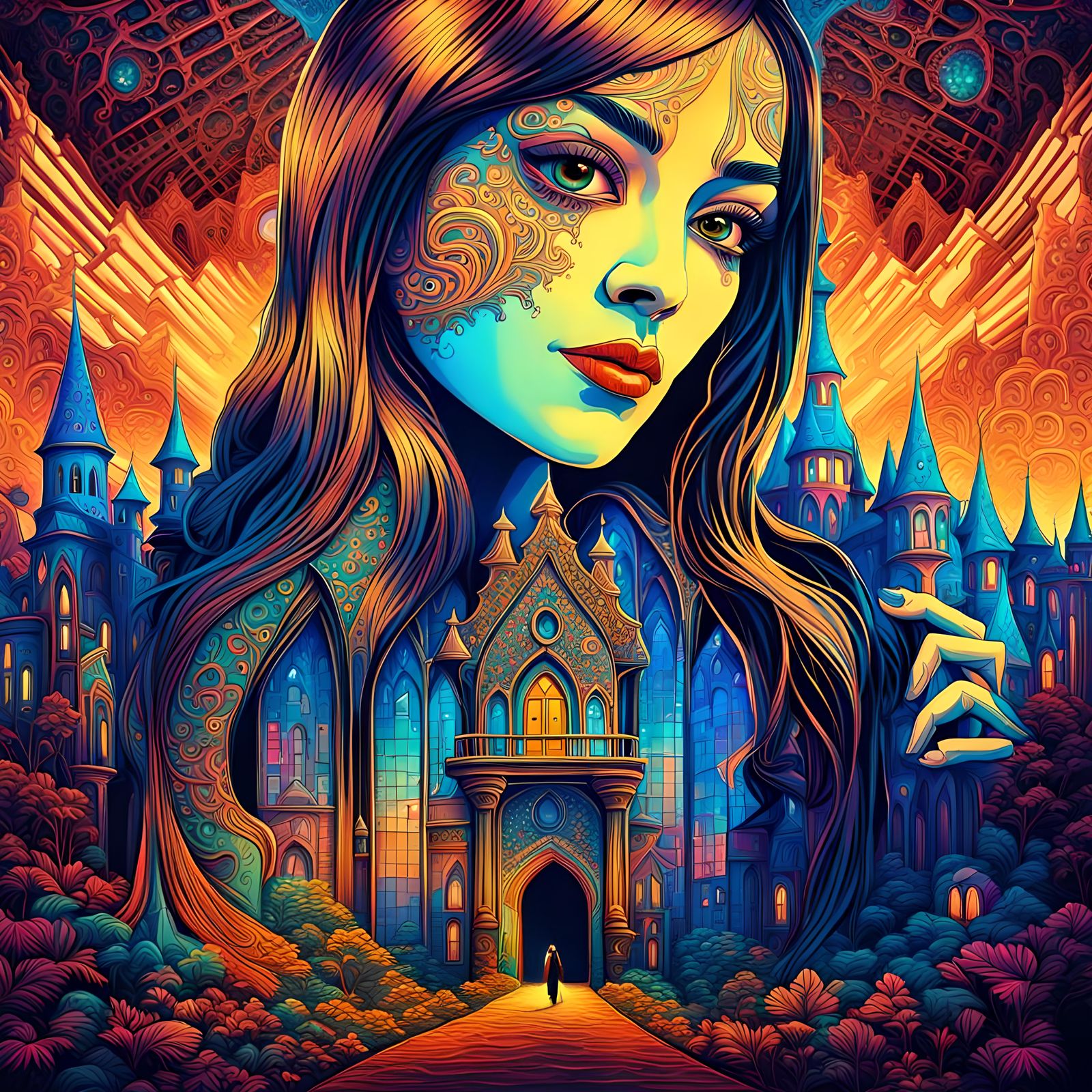 Psychedelic Fantasy Castle at Night in Pop Art Style