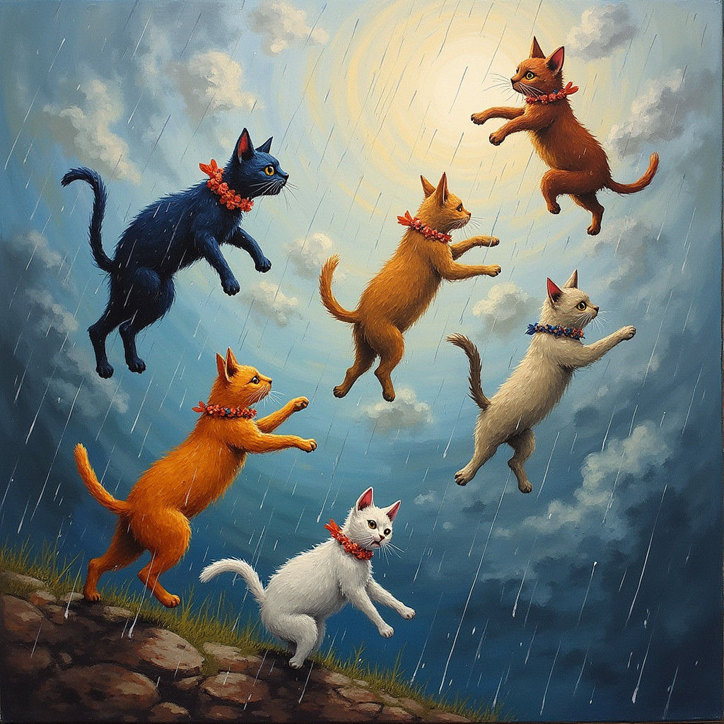 Cats and Dogs Rain in Neo-Impressionist Style