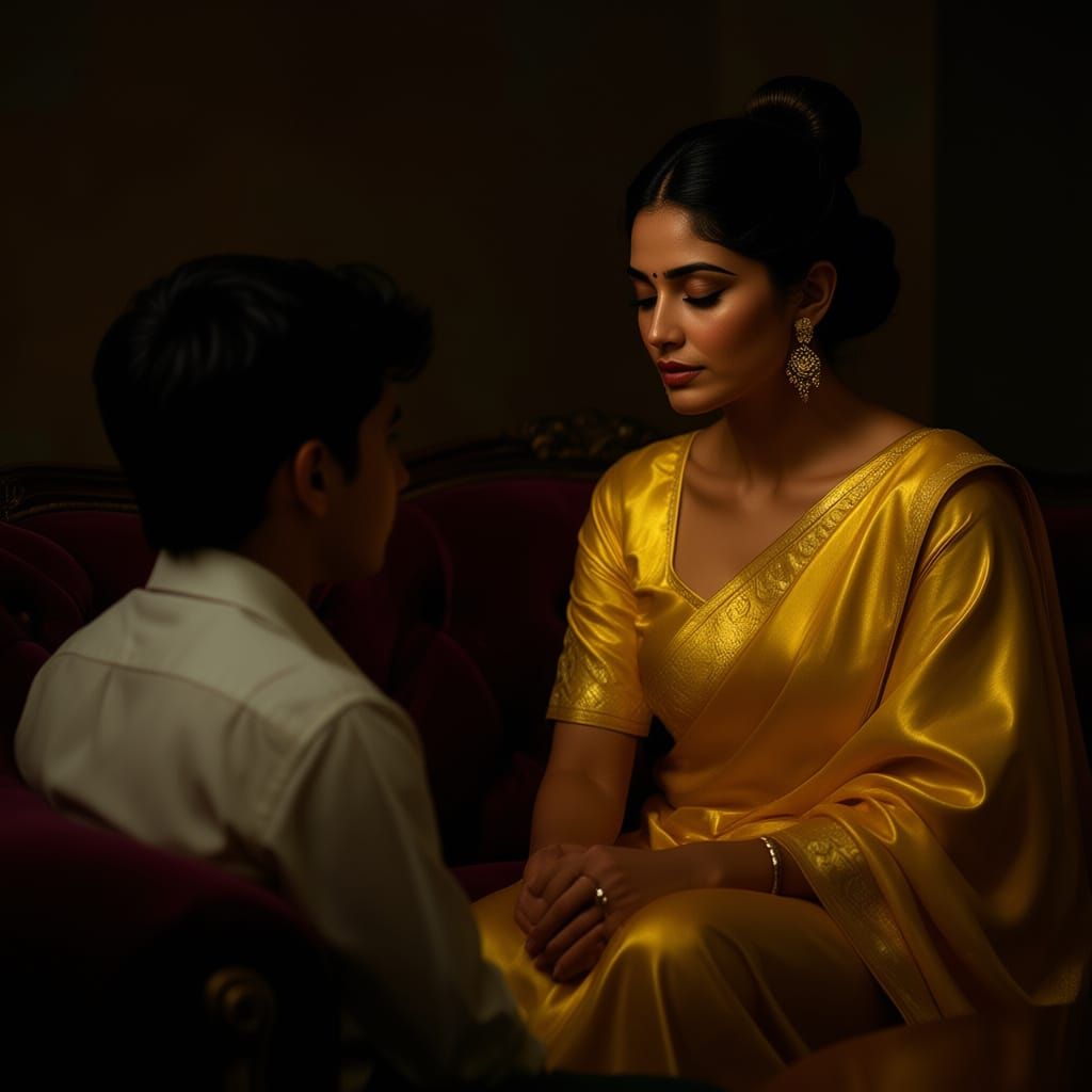 Indian Woman in Yellow Silk Sits with Man on Sofa