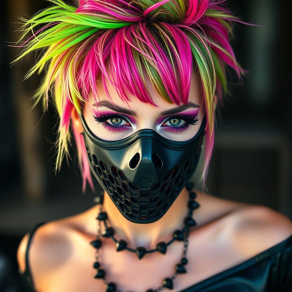 Edgy Goth Fashionista with Neon Hair and Combat Mask