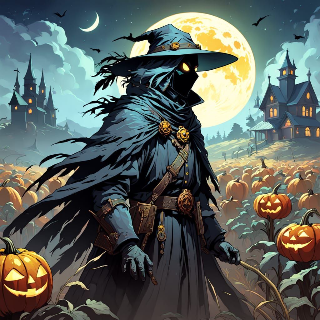 Ghostly Scarecrow and Raven in Gothic Pumpkin Patch