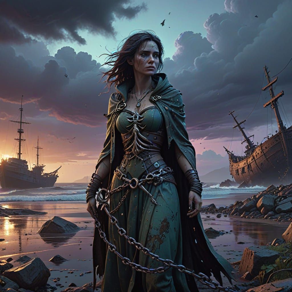 Distressed Woman Grasps Sentient Anchor in Turbulent Dreamli...