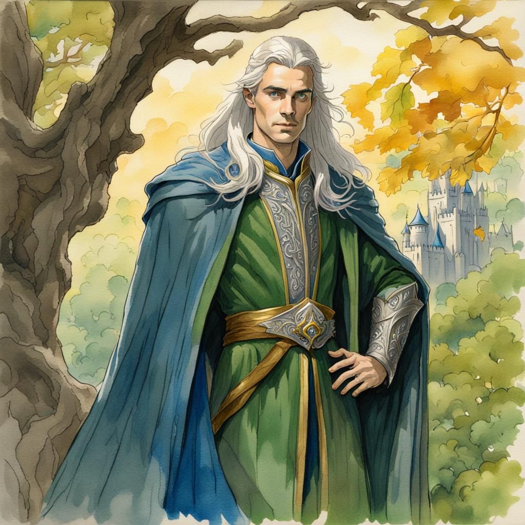 Elf Lord in Golden Treetop Palace: Watercolor Sketch