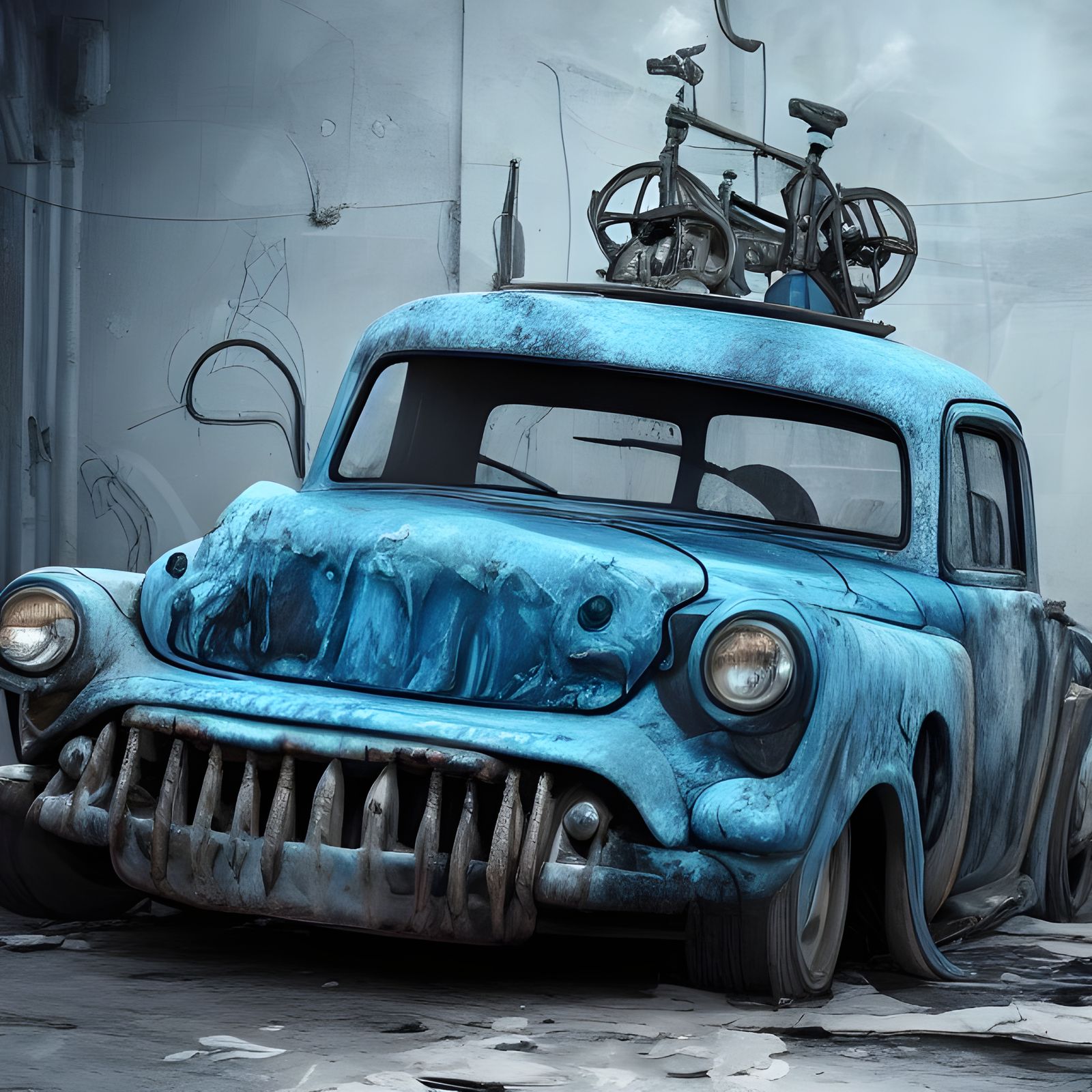 Hyperrealistic Old Car Wreck with Peeling Paint