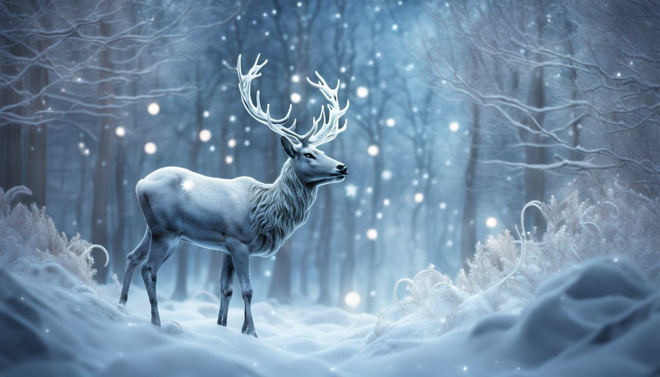 Majestic Celestial Reindeer in Whimsical Winter Wonderland