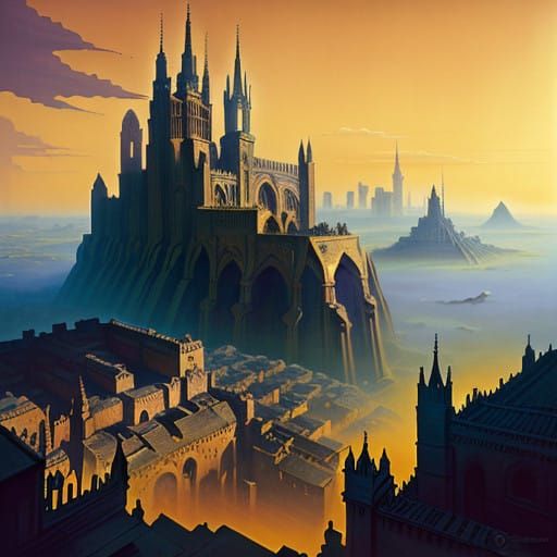 Ancient Futuristic Cityscape in Golden Hour
