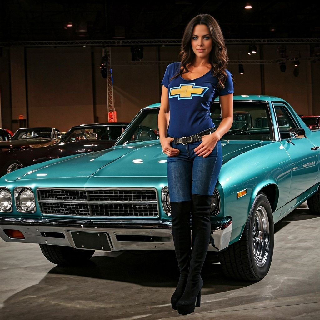 Woman Poses with Classic El Camino Car