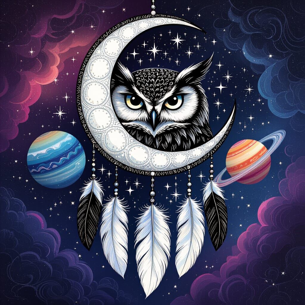 Dreamcatcher with Crescent Moon and Owl Portrait