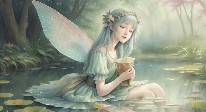 Fairy Deep in Thought by Pond: Watercolor Art