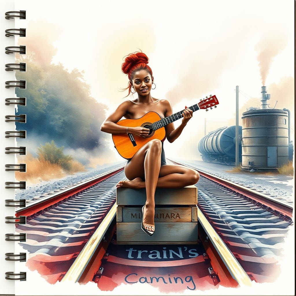 Redhead Pin-Up at Railroad Crossing: Watercolor Art