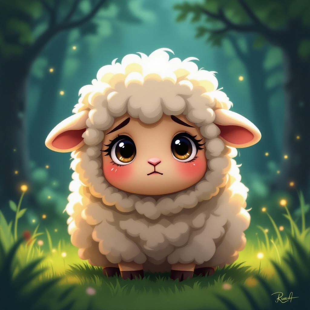 Sad Sheep in Mystical Forest, Cartoon Illustration