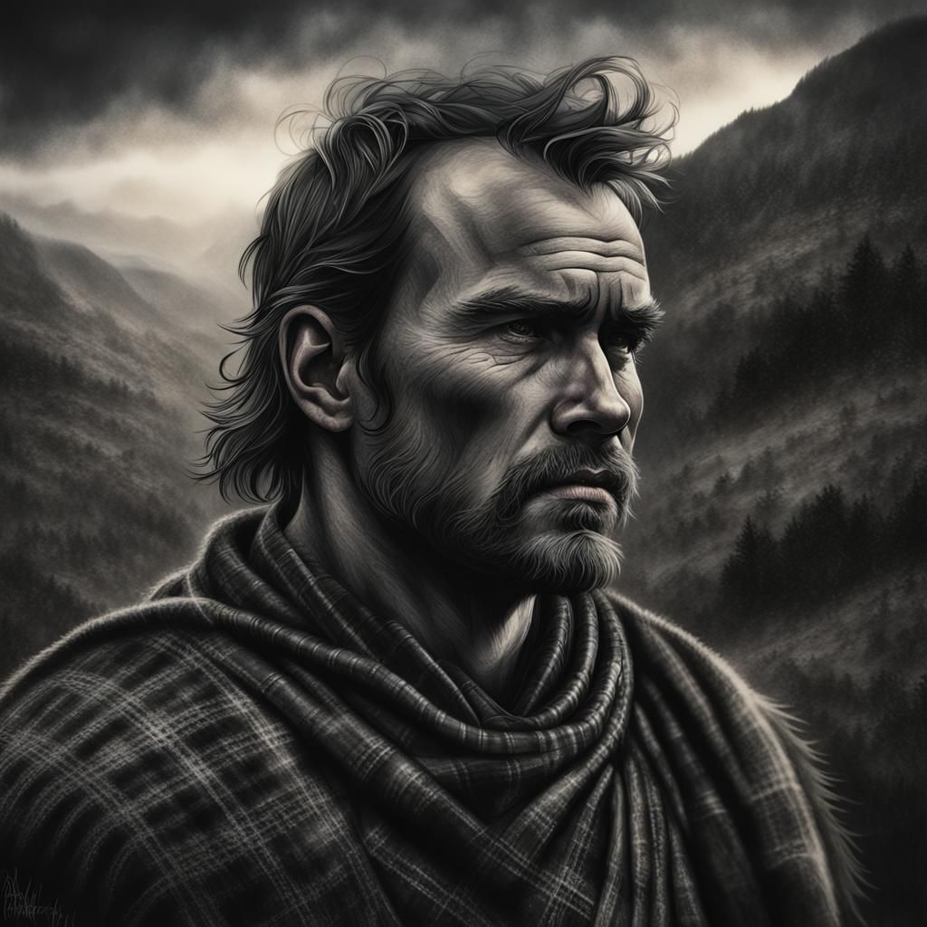 Stunning Highland Warrior in a Misty Scottish Landscape