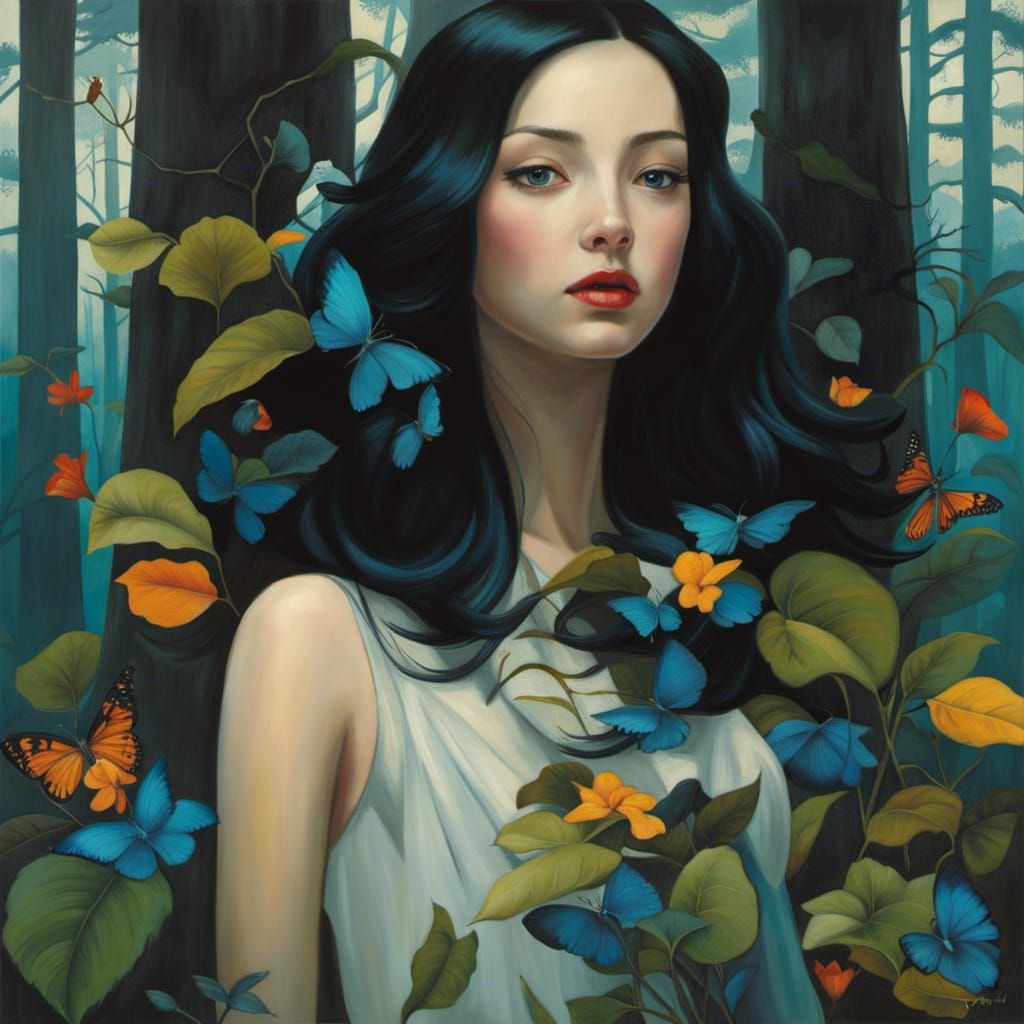 Surreal Woman in Vibrant Forest, a Colorful Masterpiece