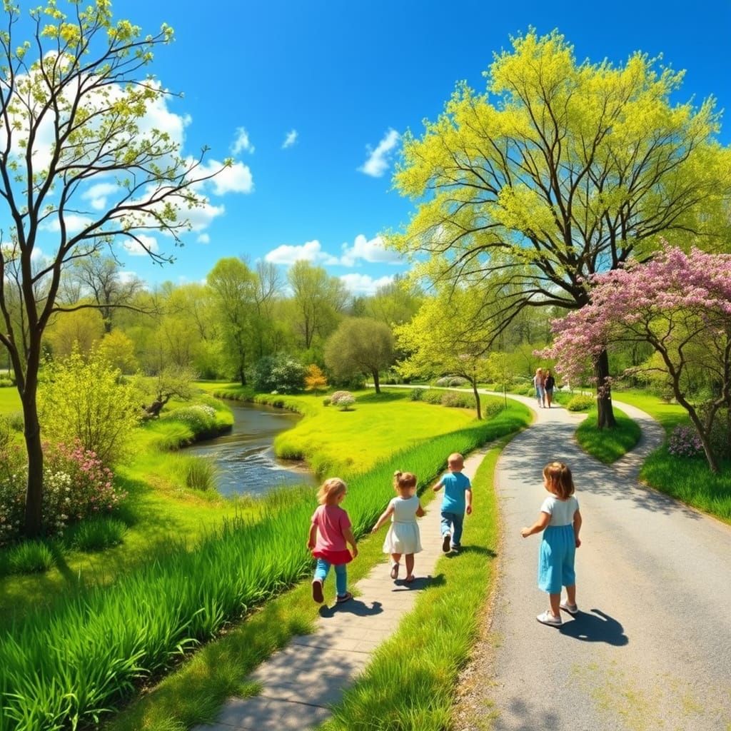 Vibrant Spring Garden Scene with Children Playing