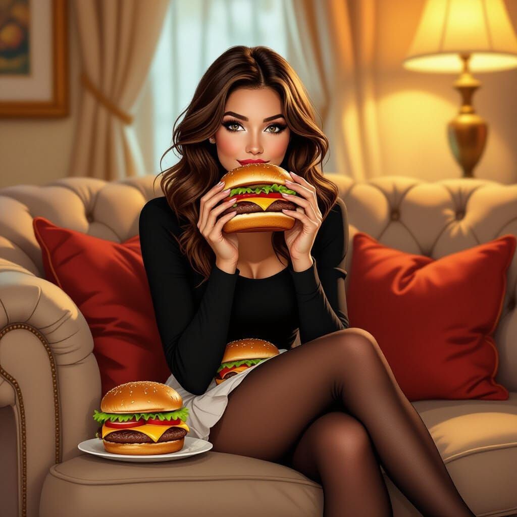 Woman Enjoys Burgers on Sofa in Vibrant Illustration