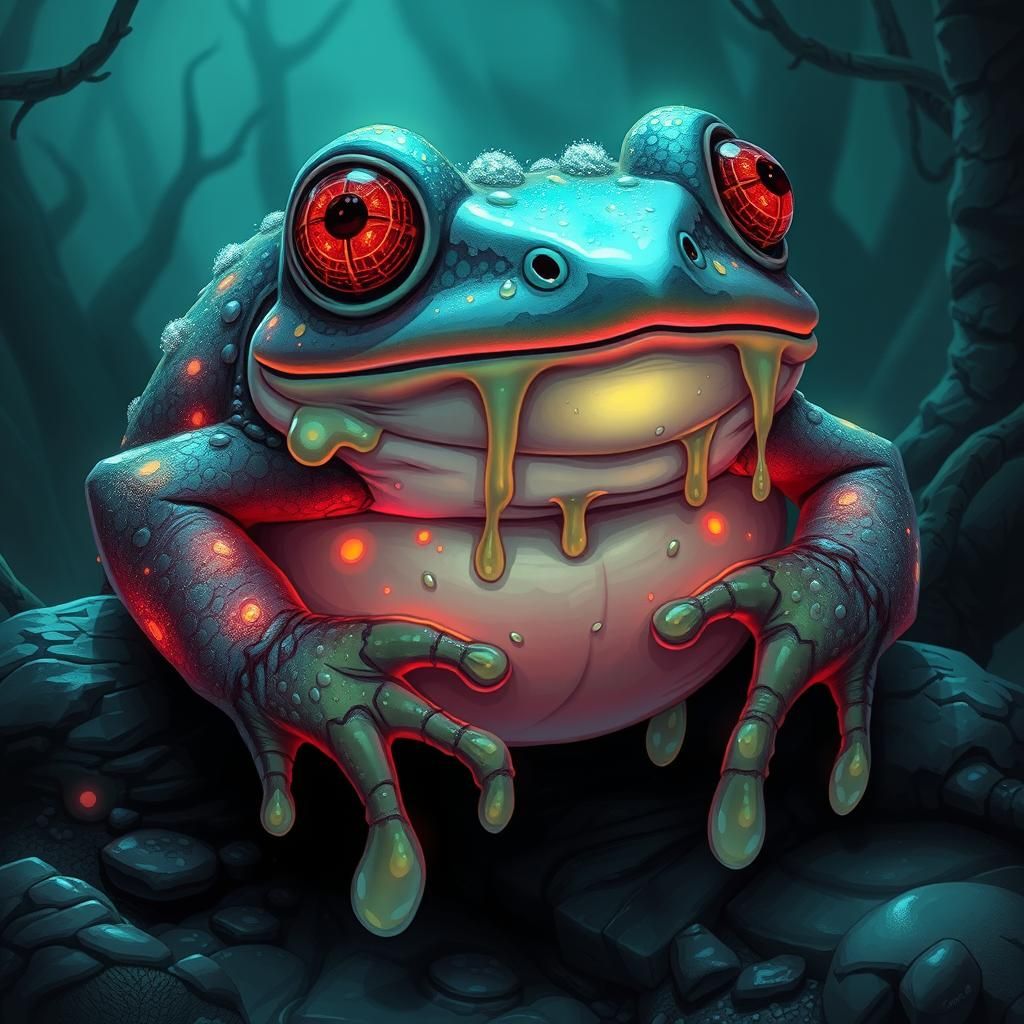 Glowing Spores on Slime-Covered Frog in Dark Toon Style
