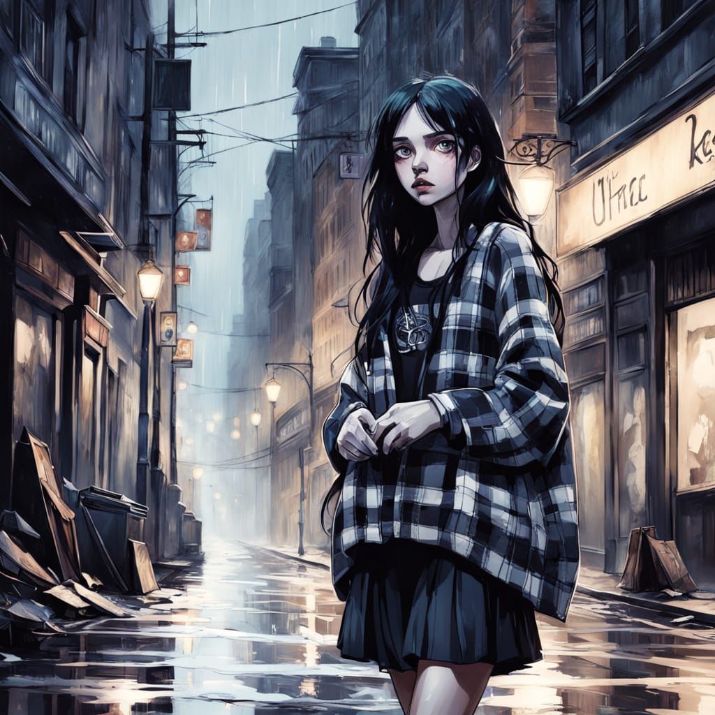 Moody Gothic Lolita Girl in Rainy City Streets