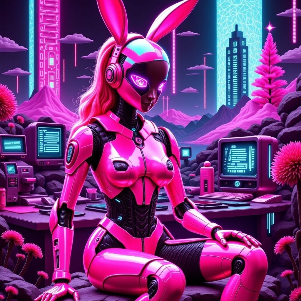 <lora:Pink Cyber Bunny:1.0> neon pink Cyberbunny bot woman on retro computer landscape