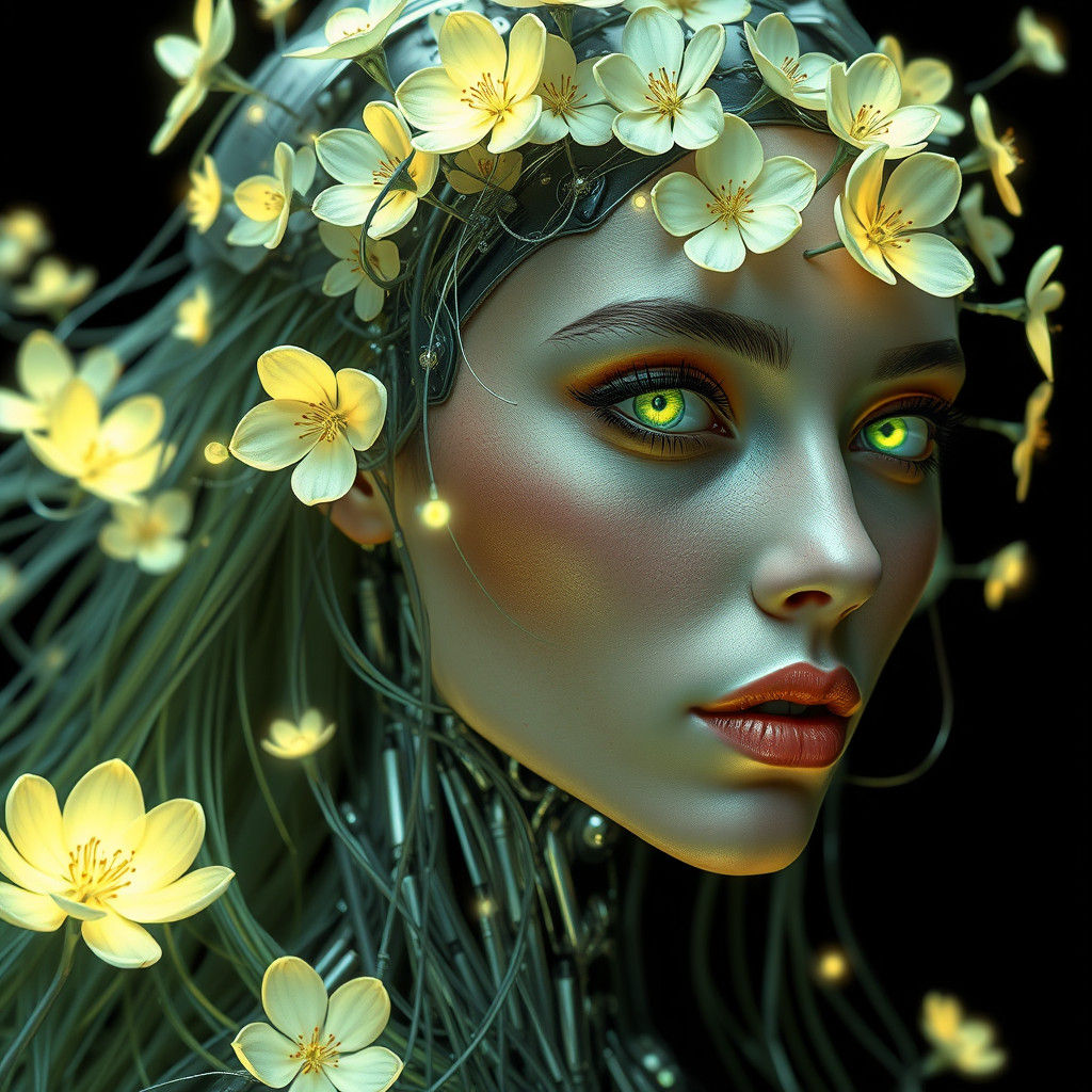 Cybernetic Woman with Glowing Flowers, Digital Art
