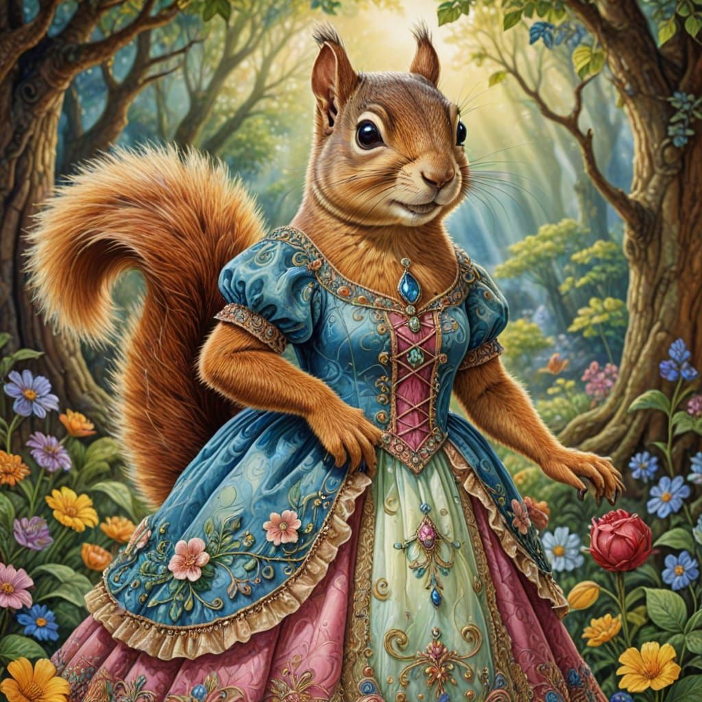 Elegant Squirrel Lady in Victorian Dress