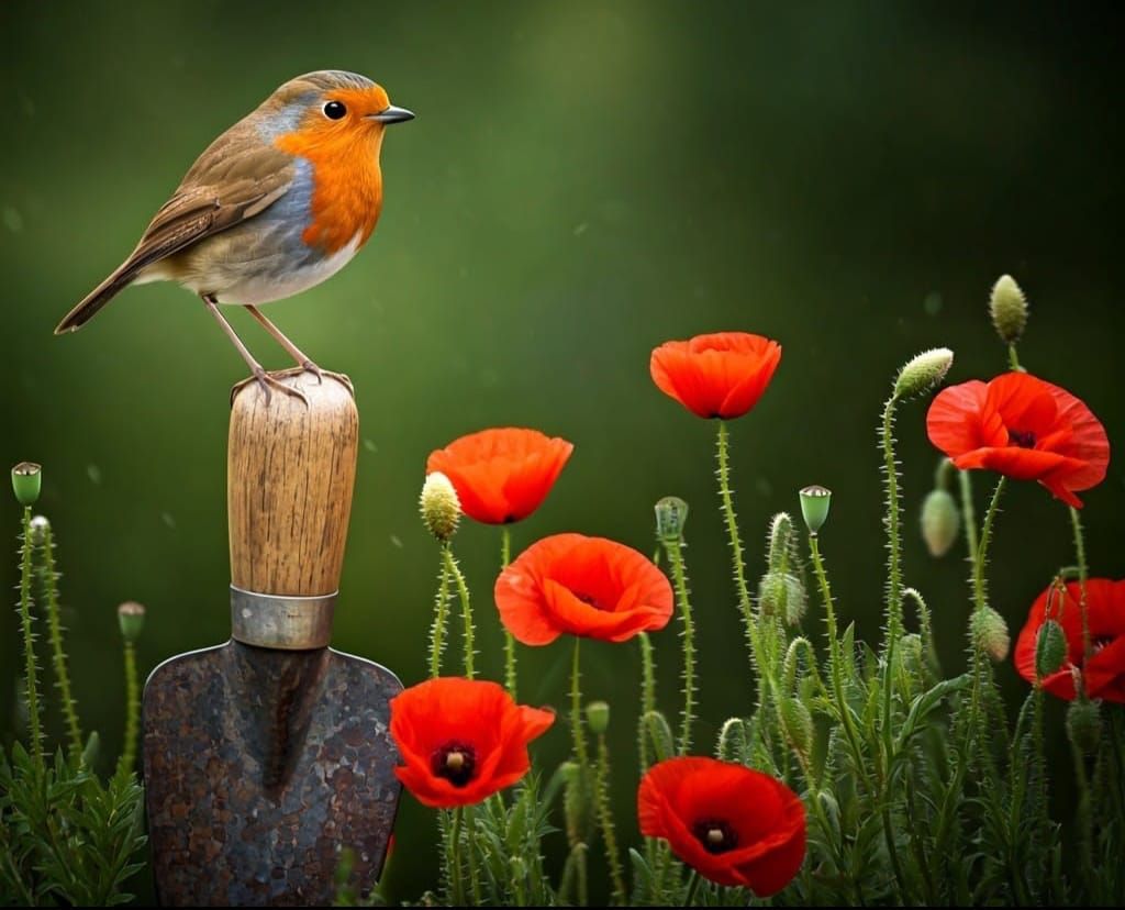 A robin perched on a spade handle by some red poppies intricate details, HDR, beautifully shot, hyperrealistic, sharp fo...