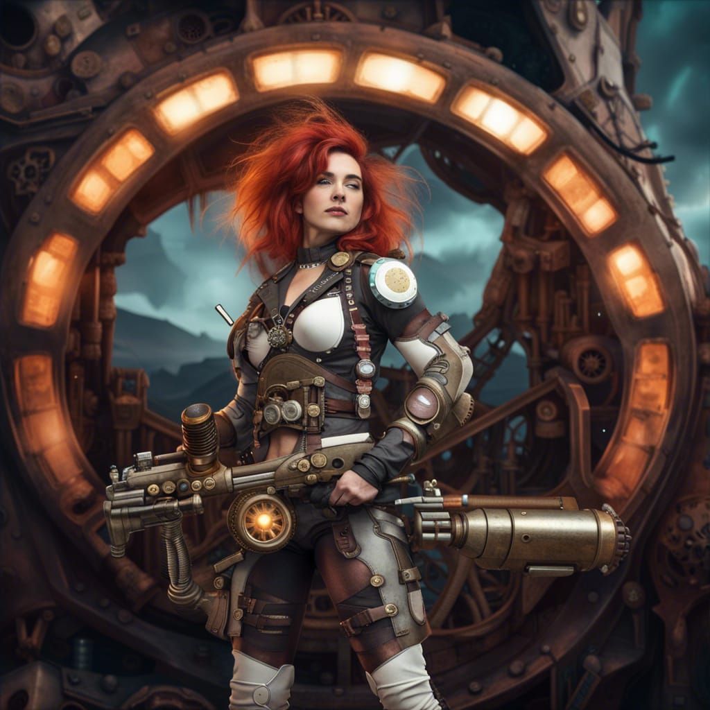 Atomic Punk Space Suit on Cliff with Steampunk City