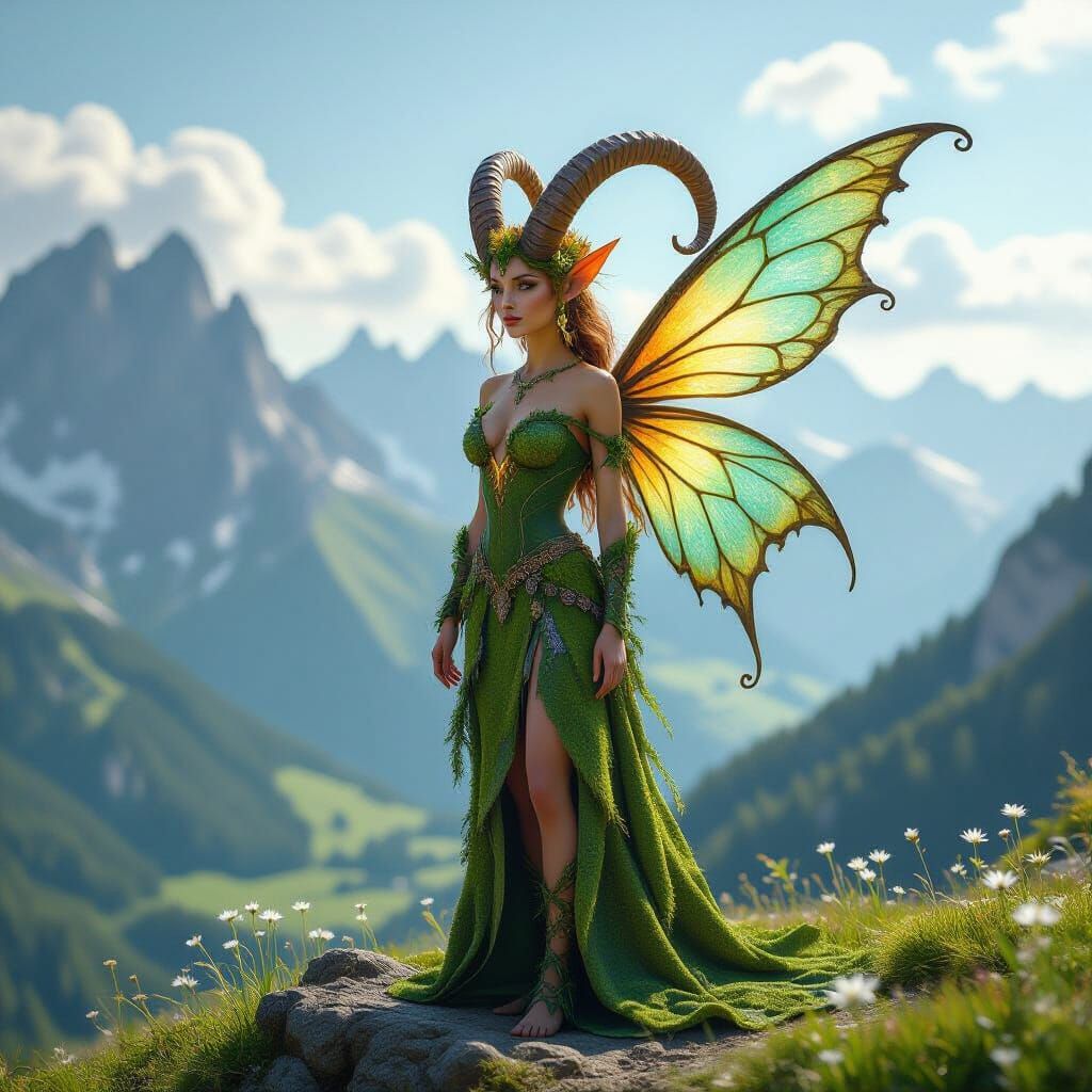 Fairy Hybrid with Ibex Horns and Leaf Wings