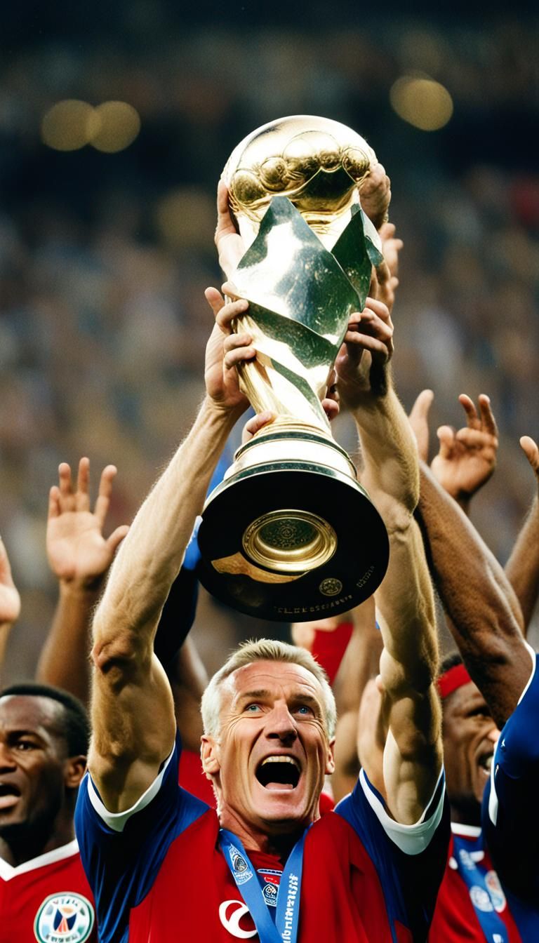 Soccer Player Lifts World Cup in Victory Portrait