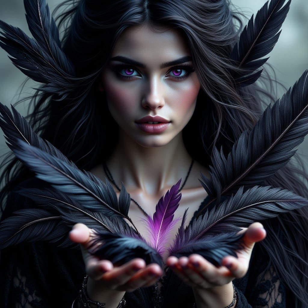 Raven-haired Woman Creates Feather Storm